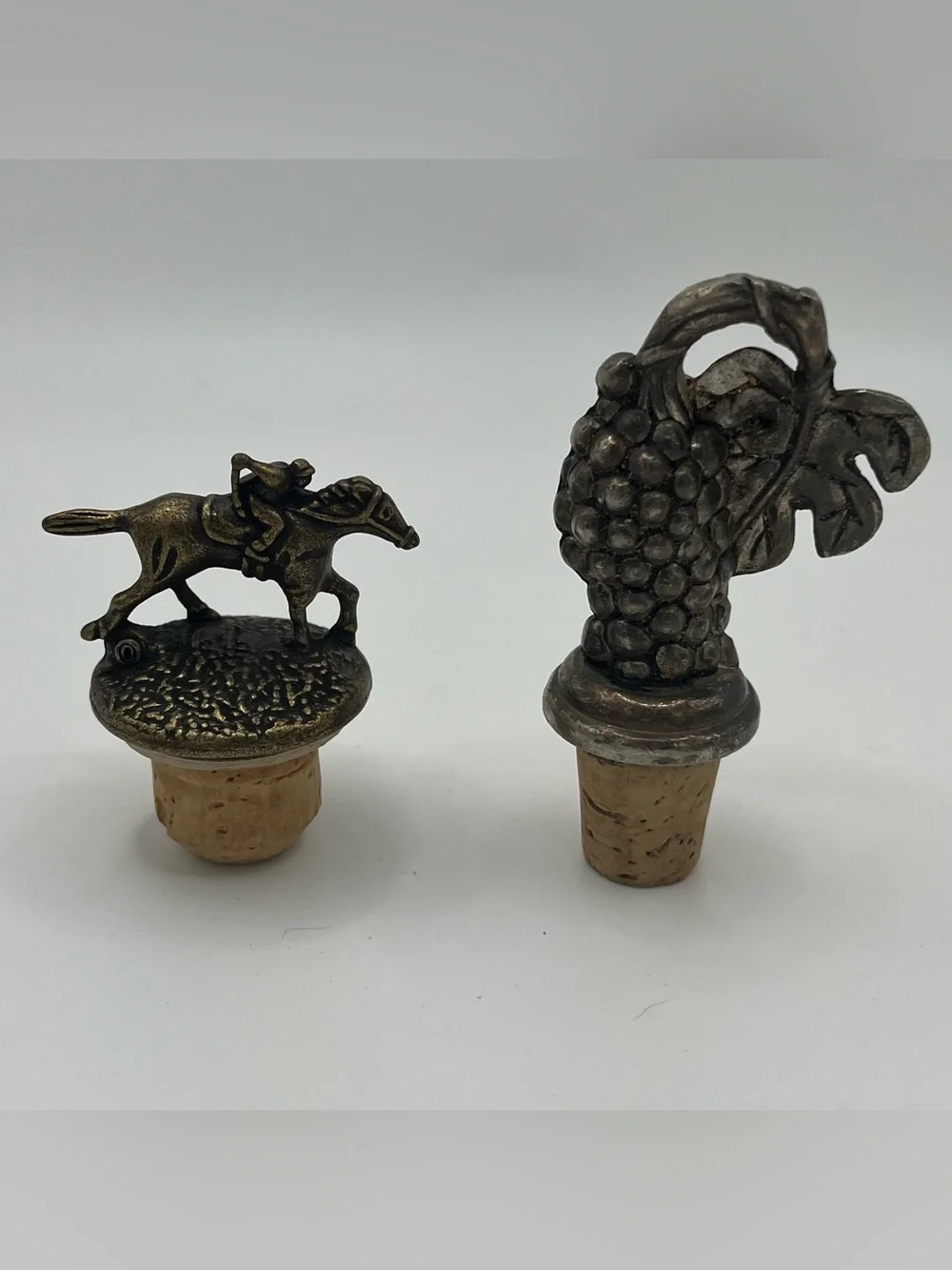 Vintage Silver Tone & Brass Toned Metal Bottle Stoppers - Set of 2, Jockey Grape
